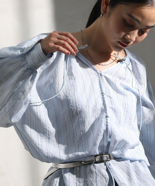 Green Parks ドロストネックシアーストライプチュニック Sax