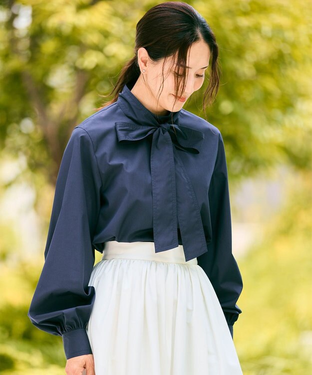 #Newans 【洗濯機可】ステッチデザインリボンタイブラウス ネイビー