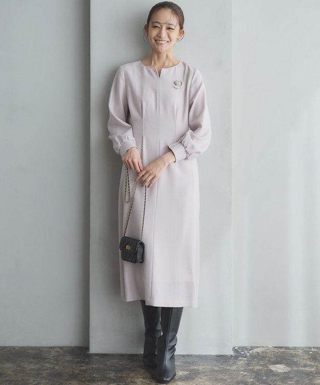 組曲 ウールジョーゼット スリットネックワンピース ローズ系