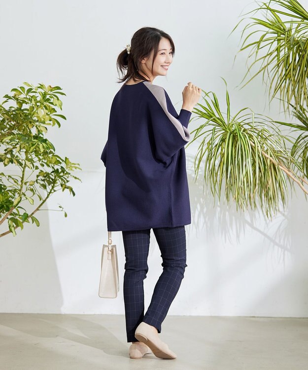 Tiaclasse 【洗える】配色ドルマンニットチュニック ネイビー×グレージュ