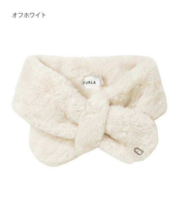 MOONBAT FURLA（フルラ）プチリボンマフラー  アーチロゴ フェイクファー オフホワイト