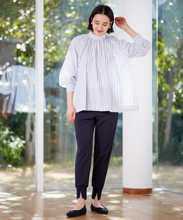 UNFILO イージーケア ギャザーブラウス ブルーストライプ
