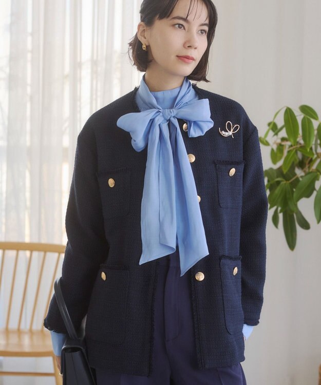 WEGO 【ANGIE VINTAGE/オケージョン対応 / セレモニー対応】ノーカラー ツイードジャケット ネイビー