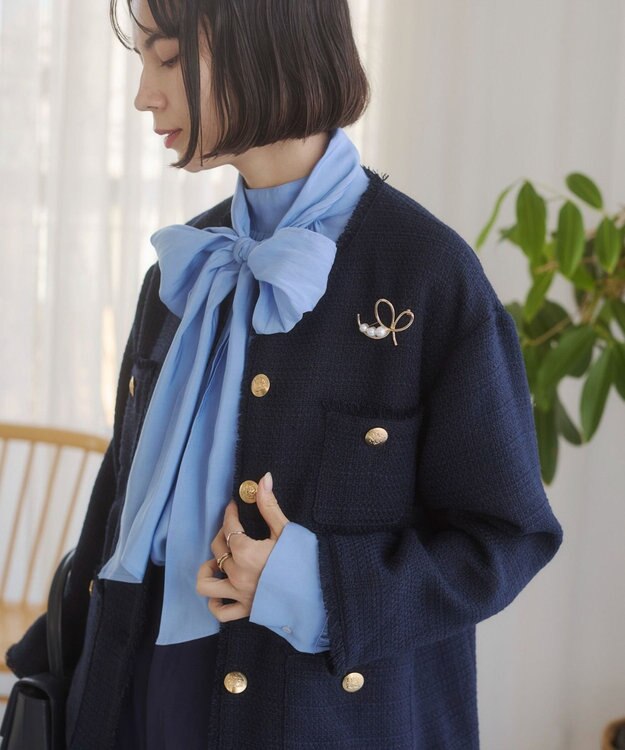 WEGO 【ANGIE VINTAGE/オケージョン対応 / セレモニー対応】ノーカラー ツイードジャケット ネイビー