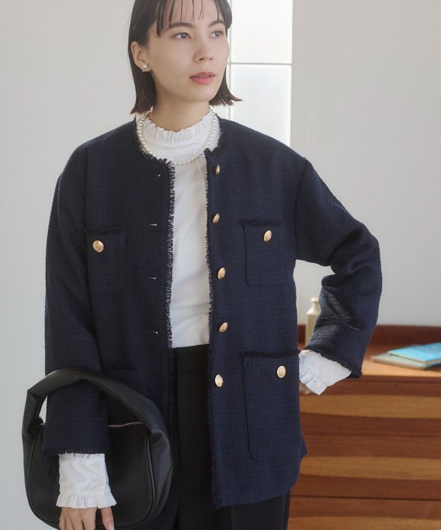 WEGO 【ANGIE VINTAGE/オケージョン対応 / セレモニー対応】ノーカラー ツイードジャケット ネイビー