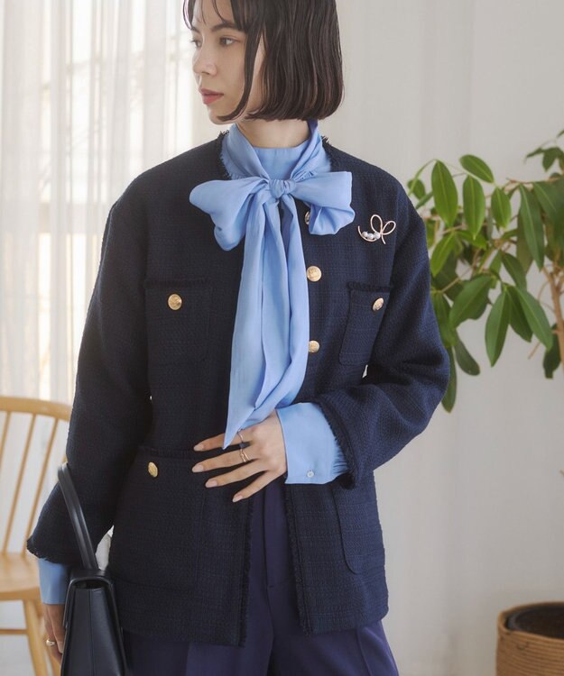 WEGO 【ANGIE VINTAGE/オケージョン対応 / セレモニー対応】ノーカラー ツイードジャケット ネイビー