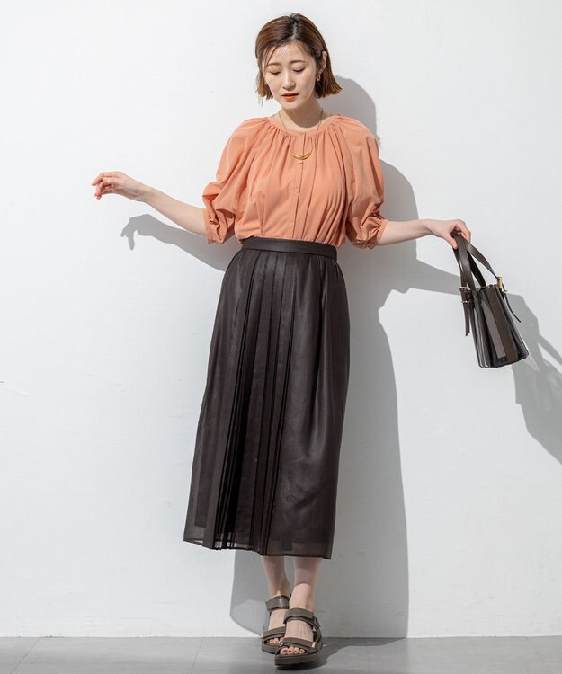 23区 S 【洗える】ソフトシアーフィルム タック スカート ダークブラウン系