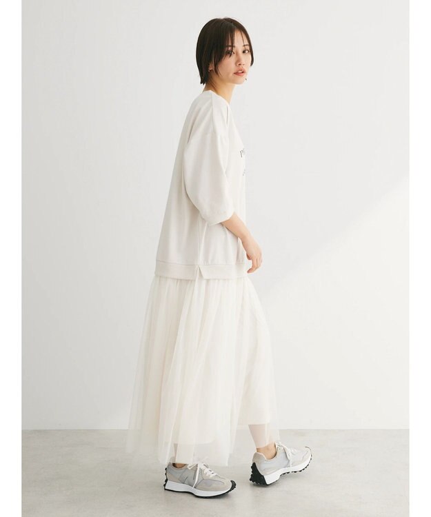 Green Parks ７分袖チュールドッキングロゴワンピース Beige