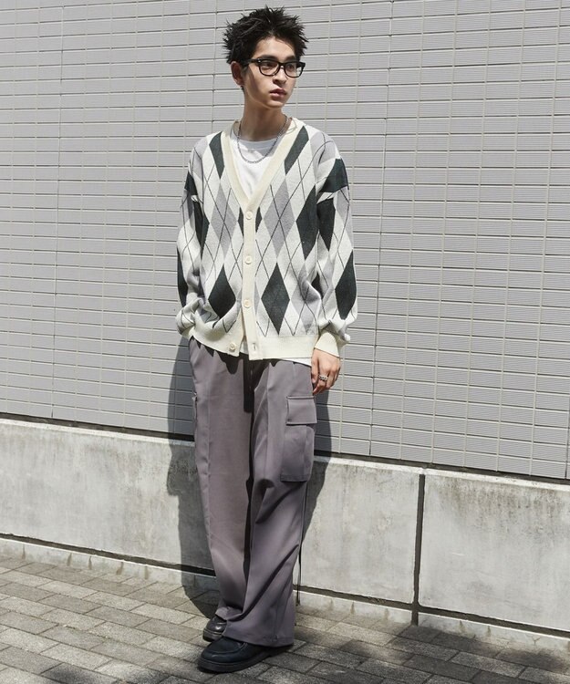 WEGO リラックスフィットパターンカーディガン グリーンチェック1