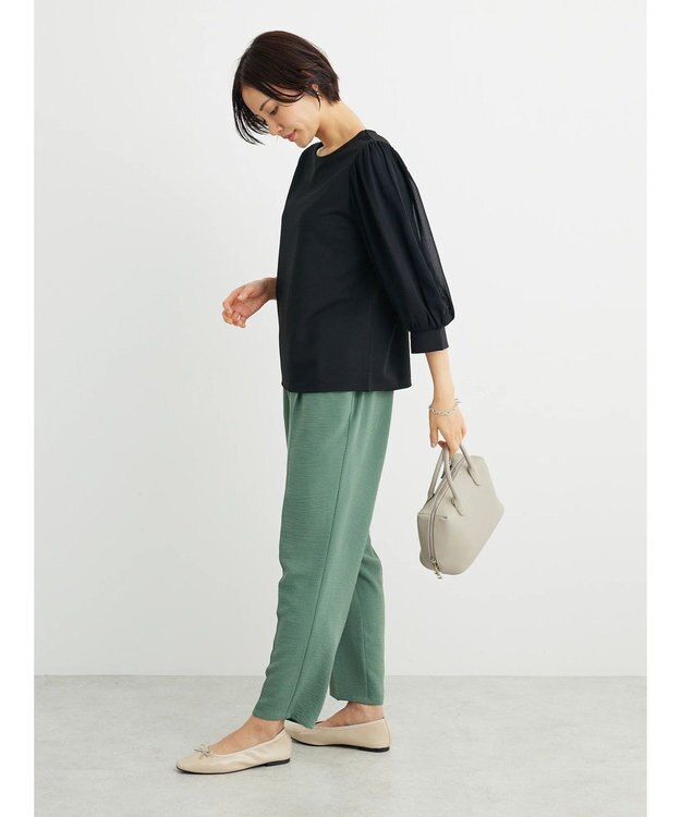 Green Parks 袖異素材使いリップルプルオーバー Black