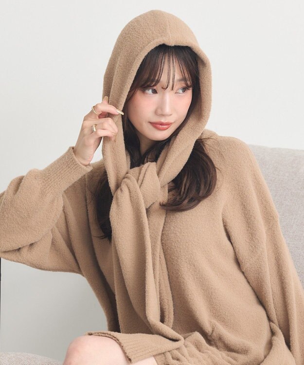 earth music&ecology 【イージーケア】パウダーシャギーフーディーマフラー Beige