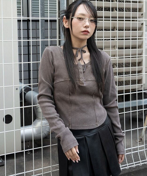 WEGO ヴィンテージウォッシュネックリボントップス ブラウン