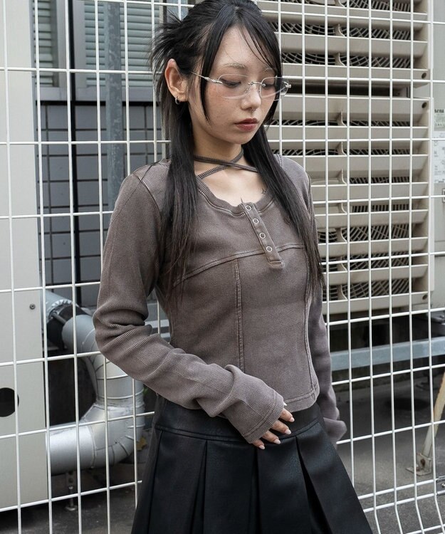 WEGO ヴィンテージウォッシュネックリボントップス ブラウン