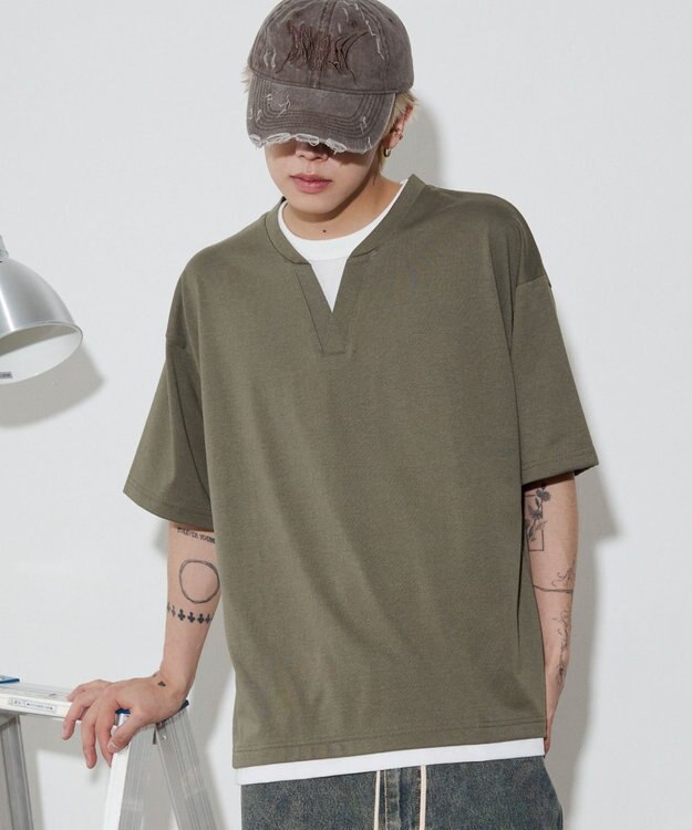 WEGO 【ユニセックス着用ITEM】キーネックフェイクレイヤードT（SS） カーキ