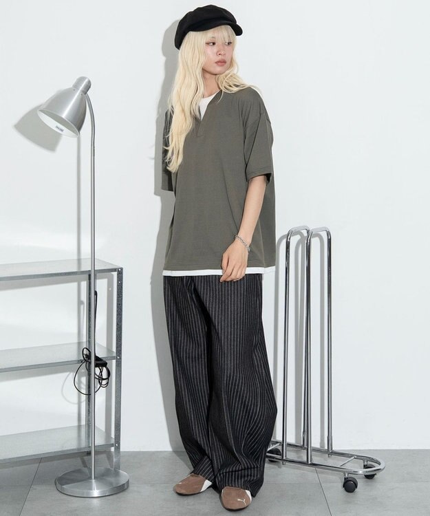 WEGO 【ユニセックス着用ITEM】キーネックフェイクレイヤードT（SS） カーキ