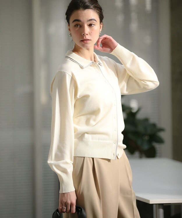 Green Parks ここちニット衿付き配色プルオーバー Ecru