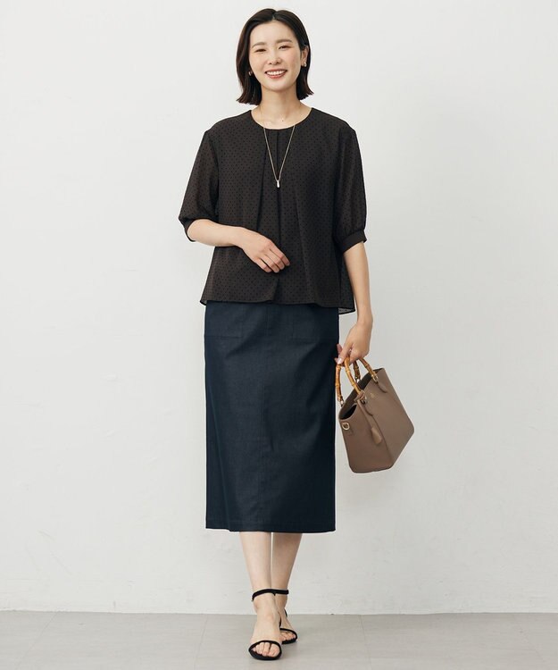 J.PRESS LADIES L 【洗える】シャンブレーサテン ナロー スカート ネイビーシャンブレー系