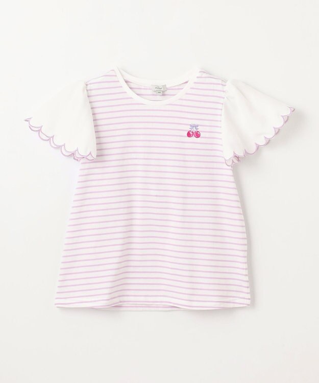 ANY KIDS 袖スカラップ ボーダーTシャツ ラベンダー