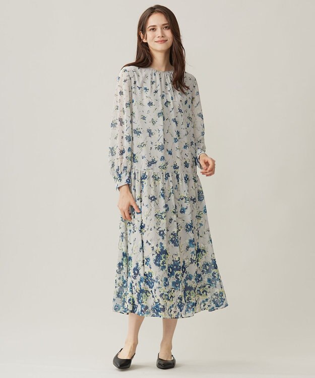 自由区 L 【洗える】オータムダリアプリント ワンピース ブルーグレー系