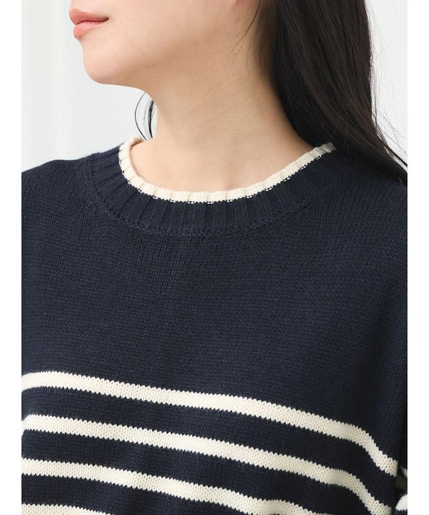 earth music&ecology ウォッシャブル脇スリットクルーネックプルオーバー Border Navy