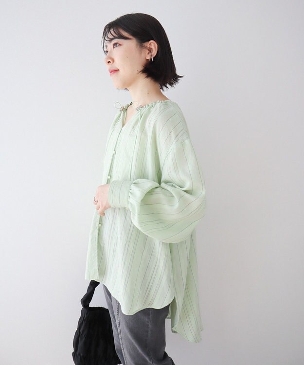 Green Parks ドロストネックシアーストライプチュニック Mint