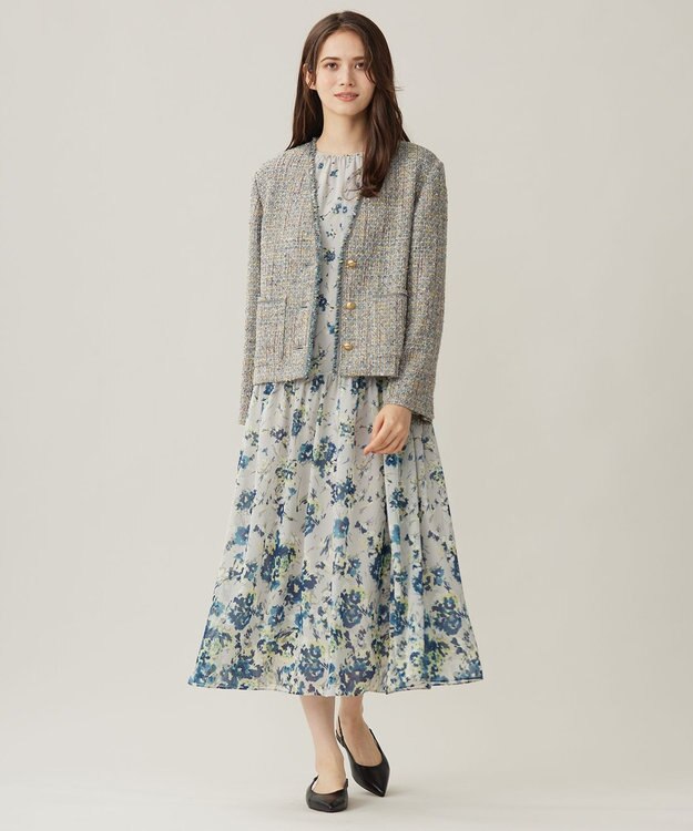 自由区 L 【洗える】オータムダリアプリント ワンピース ブルーグレー系