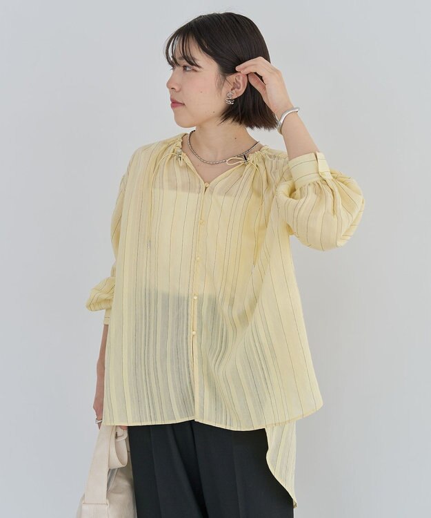 Green Parks ドロストネックシアーストライプチュニック Yellow