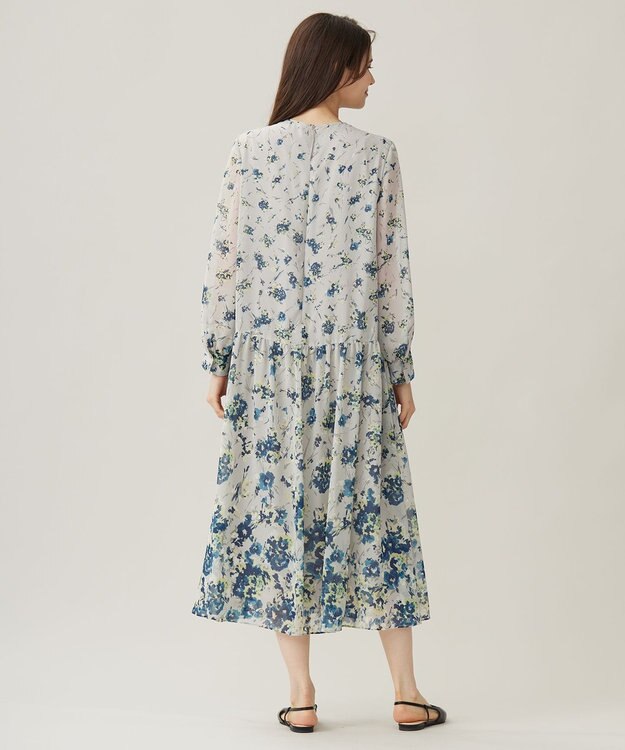 自由区 【洗える】オータムダリアプリント ワンピース ブルーグレー系