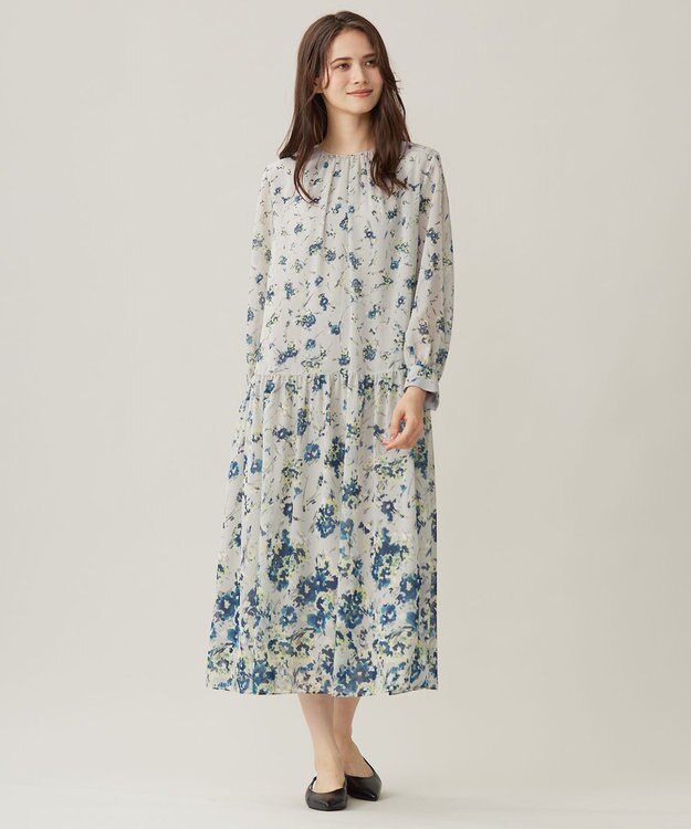 自由区 L 【洗える】オータムダリアプリント ワンピース ブルーグレー系