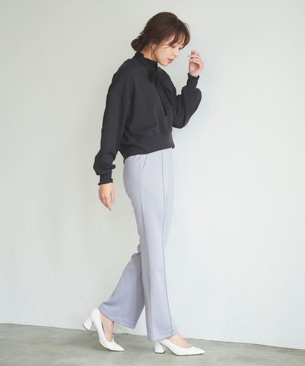 Feroux 【洗える】美シルエットストレッチセミフレア パンツ スカイブルー系