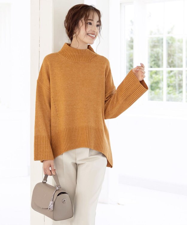 Tiaclasse 【洗える】モックネックポインテルニットトップス オレンジ