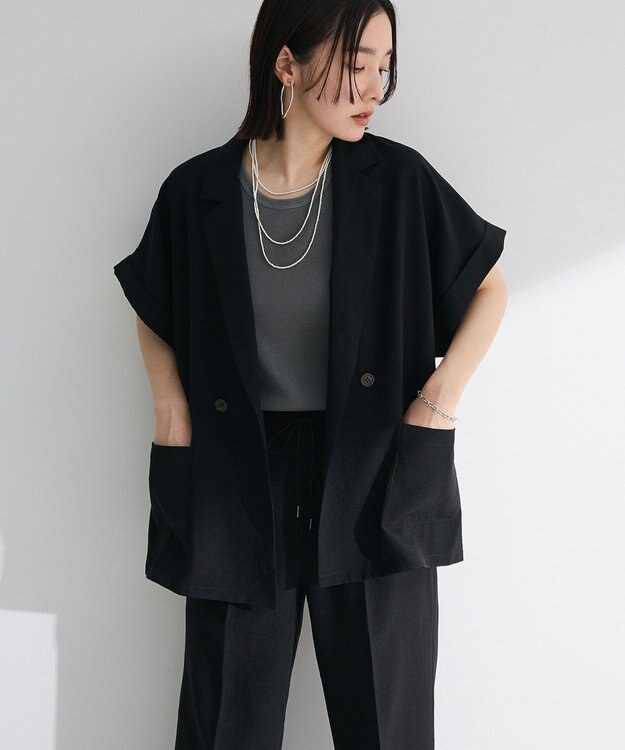 Green Parks 麻調合繊フレンチスリーブジャケット Black