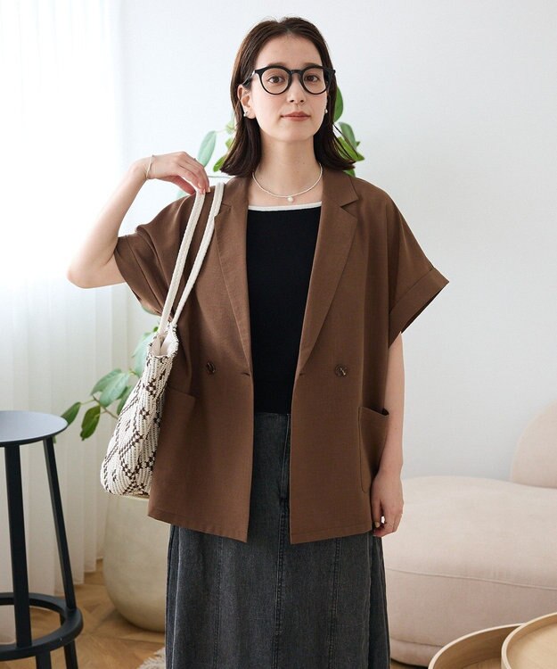 Green Parks 麻調合繊フレンチスリーブジャケット Brown