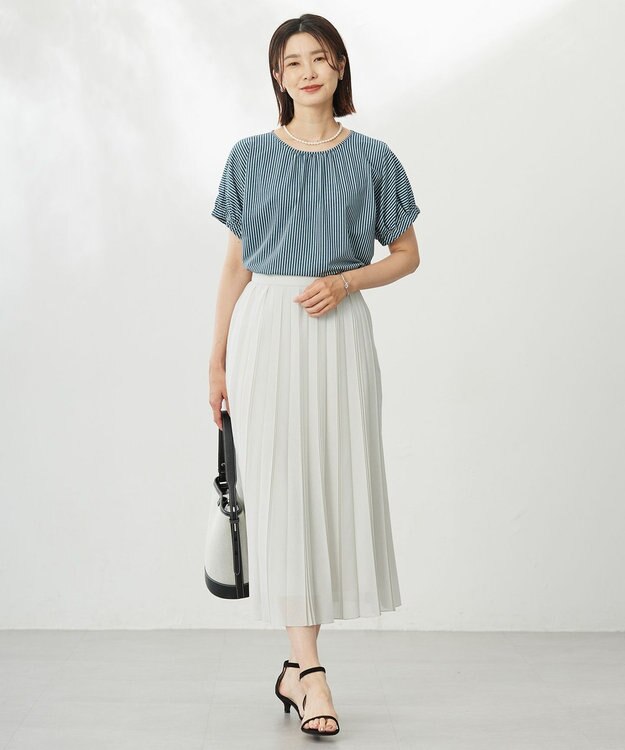J.PRESS LADIES S 【WEB限定カラーあり・洗える】ストライプジャージー フレンチスリーブ カットソー 【WEB限定カラー】ダークグリーンストライプ系