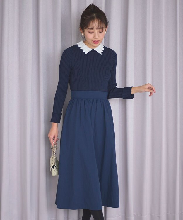 Feroux 【洗える】バイカラー襟ニットドッキング ワンピース ネイビー系