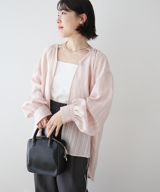 Green Parks ドロストネックシアーストライプチュニック Pink