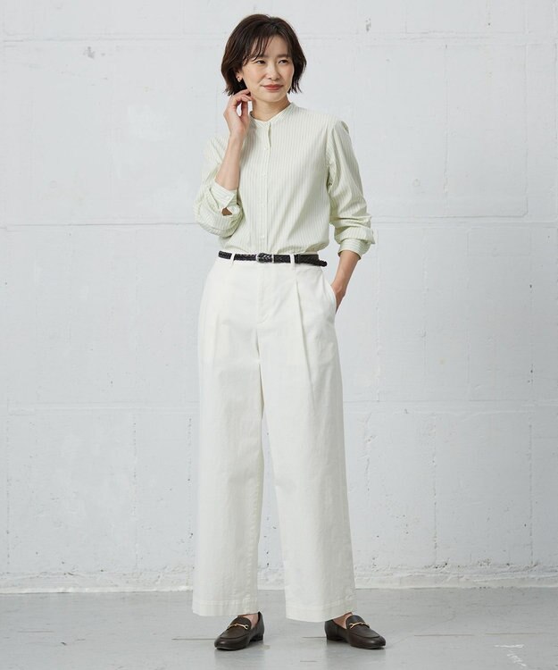 J.PRESS LADIES L 【洗える】BEZ VEGA バンドカラー ブラウス イエロー×ネイビー系