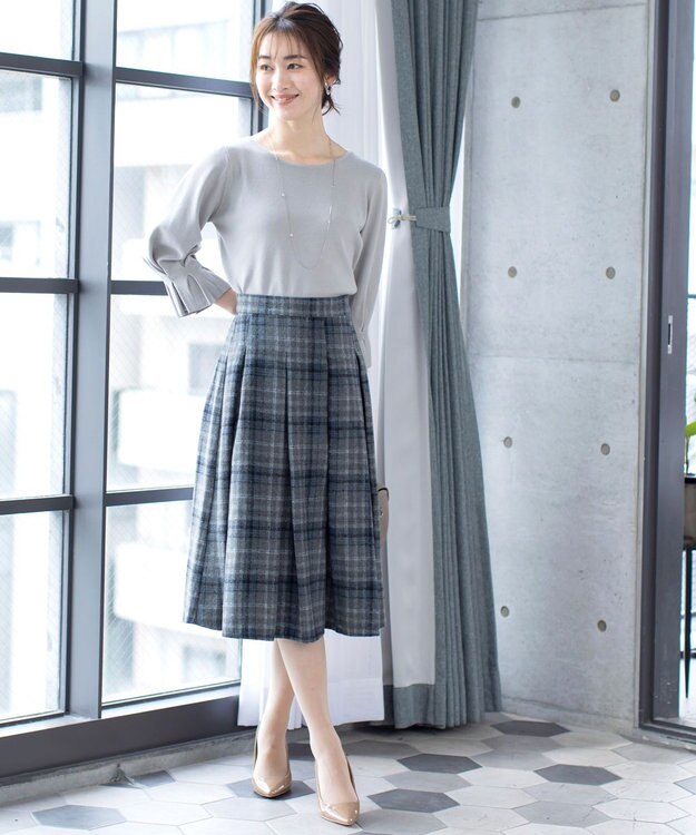 Tiaclasse 大人上品なウール調タックフレアスカート ブルーチェック
