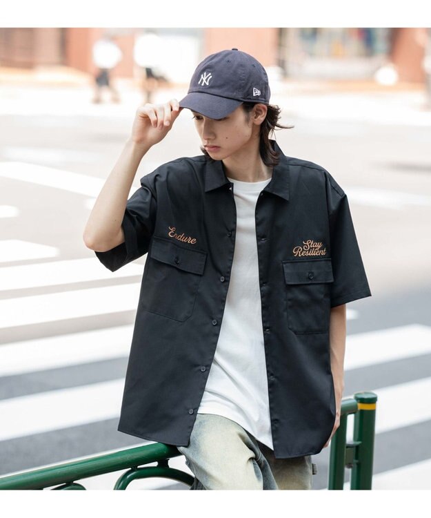 WEGO 【ユニセックス着用ITEM】刺繍ロゴツイルワークシャツ ブラック