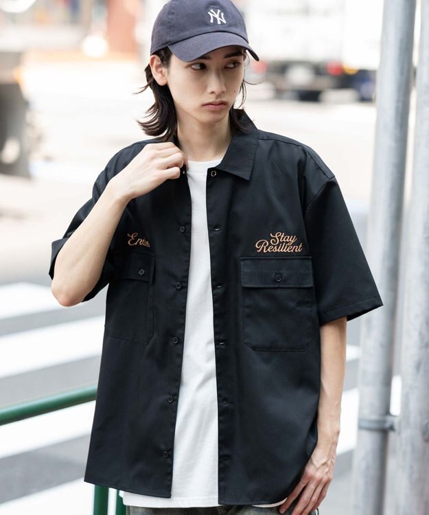 WEGO 【ユニセックス着用ITEM】刺繍ロゴツイルワークシャツ ブラック