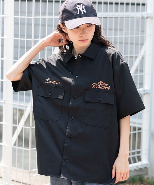 WEGO 【ユニセックス着用ITEM】刺繍ロゴツイルワークシャツ ブラック