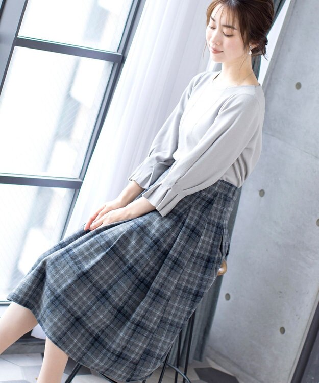 Tiaclasse 大人上品なウール調タックフレアスカート ブルーチェック