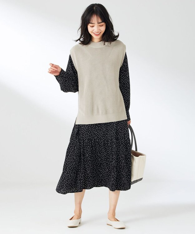 ANY 【セットアイテム】ニットベスト×ワンピース SET グレージュ×ブラックドット