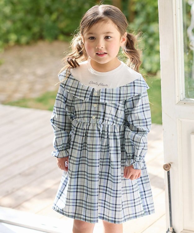 ANY KIDS チェックドッキングワンピース サックスブルー