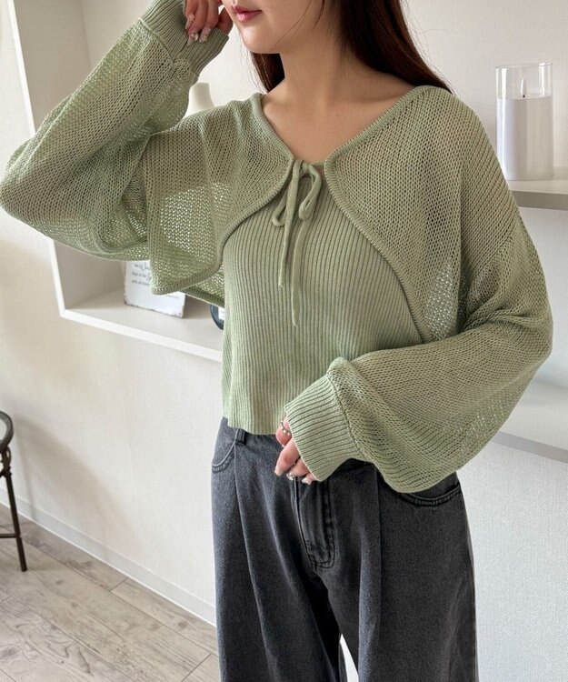 WEGO アンサンブルメッシュリボンカーディガン グリーン