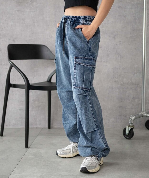 WEGO 【XS～Mサイズ展開/ウエストゴム 】デニムイージーパラシュートカーゴパンツ デニム中濃加工色