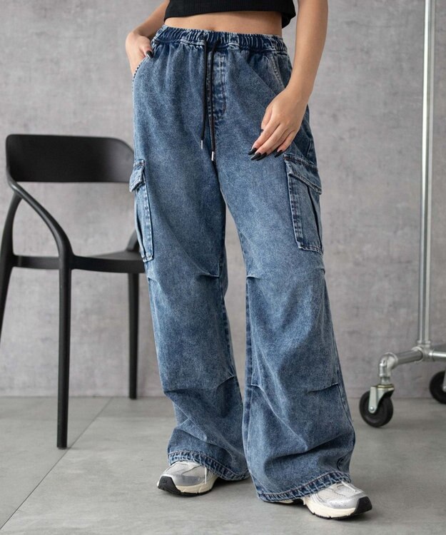 WEGO 【XS～Mサイズ展開/ウエストゴム 】デニムイージーパラシュートカーゴパンツ デニム中濃加工色