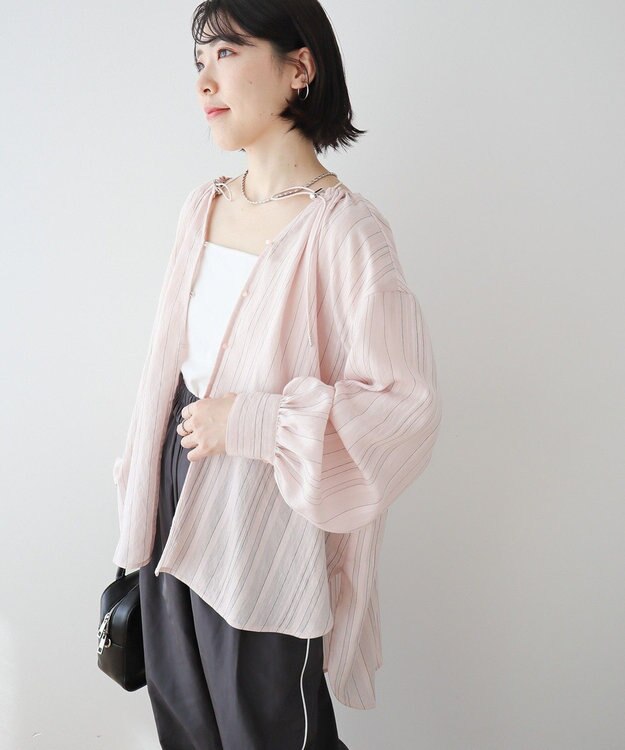 Green Parks ドロストネックシアーストライプチュニック Pink