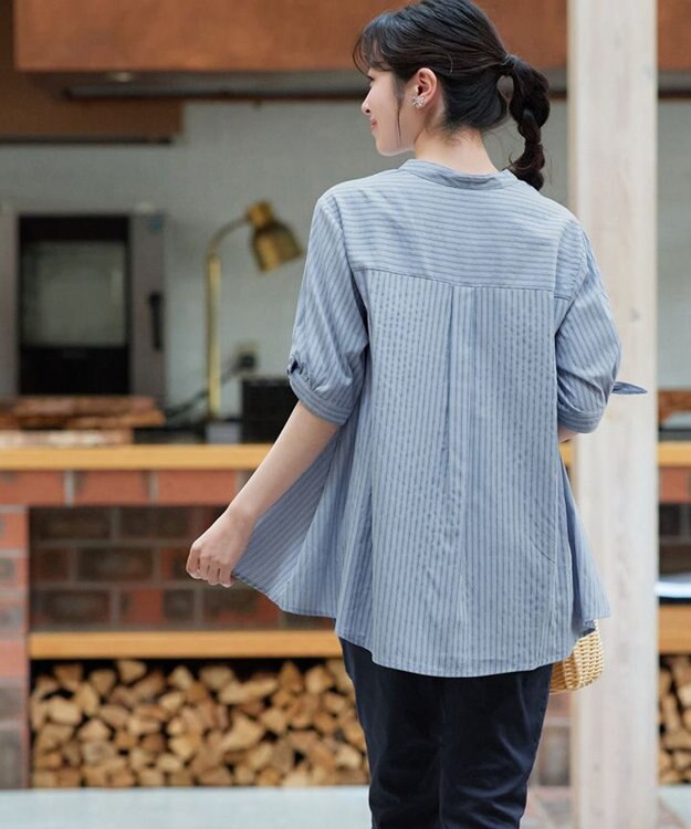 Tiaclasse 袖リボンストライプシャツチュニック ブルーストライプ