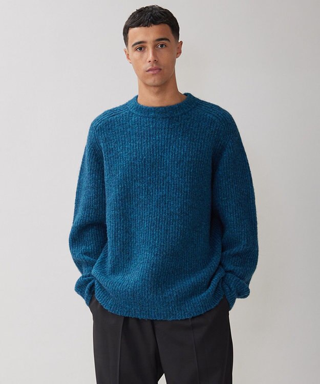 UNFILO MENS ヘアリー クルーネックニット ブルー グリーン